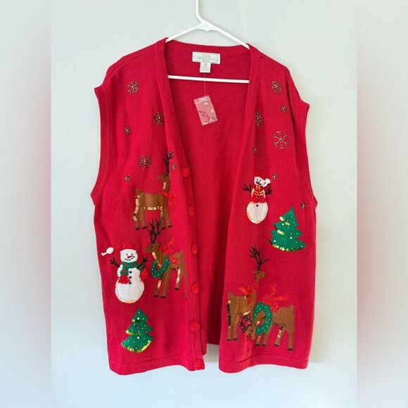 VTG Lisa International Festive Red Christmas Sweater Vest Snowman Reindeer 1X - Picture 1 of 7
